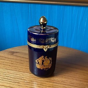 Limoges Castel France Porcelain Trinket Box hinged lid  Cobalt Blue